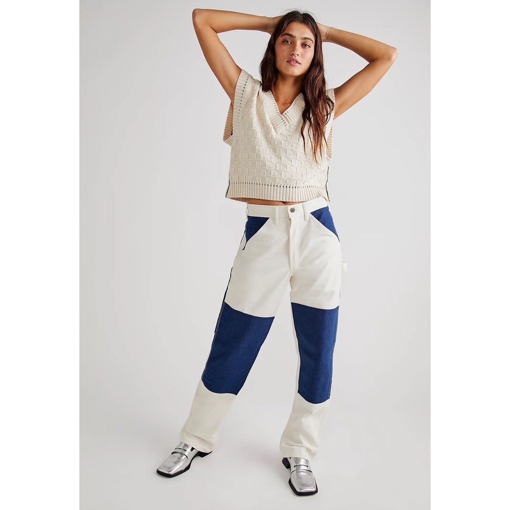 NWT Free People X Riverside Blue Ivory Geometric Boho Jeans Pants Sz W 28/L 32